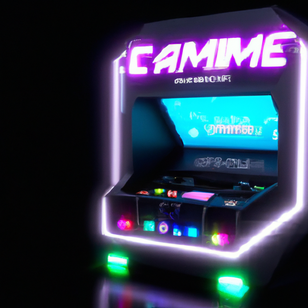 PulseArc hero: neon arcade cabinet prototype with HUD overlays and modular panels